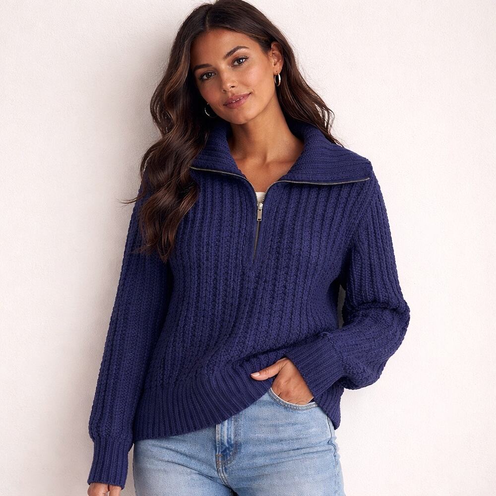 Aerie Cable Car Quarter-Zip Sweater – Navy – Size Medium